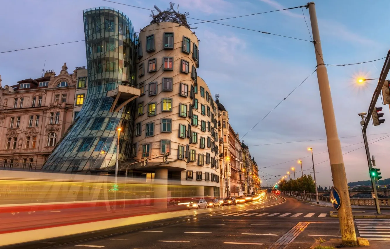 Photo wallpaper the city, street, the evening, Prague, the dancing house