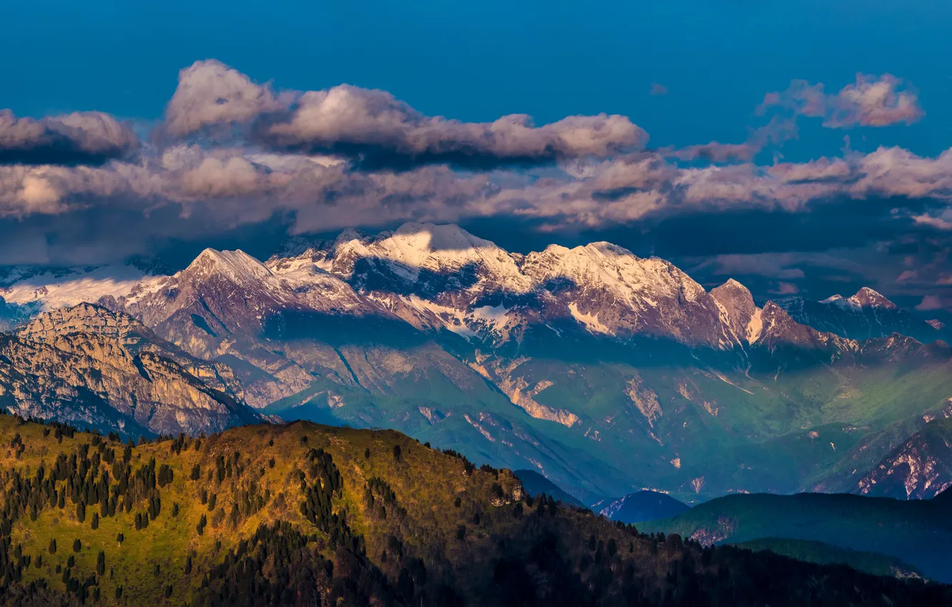 Photo wallpaper clouds, mountains, tops, greatness