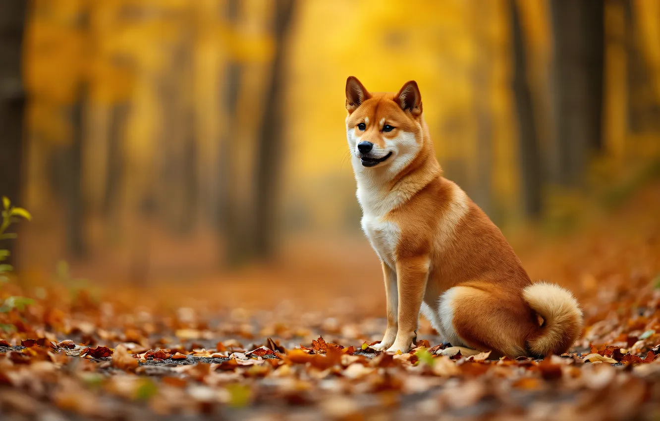 Photo wallpaper autumn, forest, look, nature, Park, glade, foliage, dog