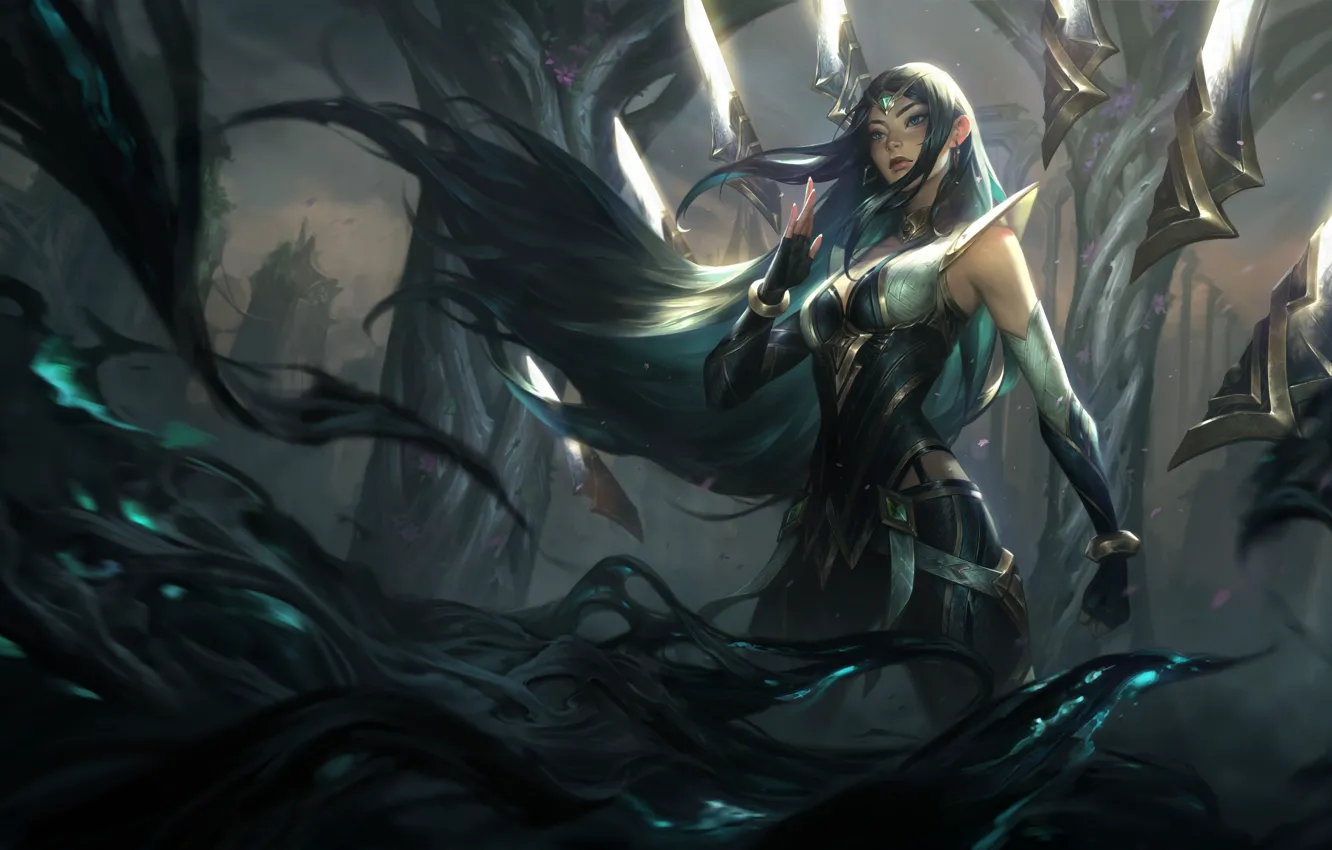 Photo wallpaper girl, darkness, art, blade, splash, League of Legends, artwork, Irelia
