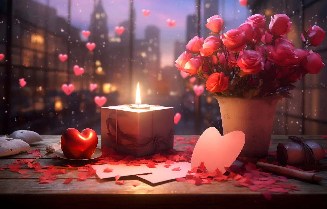 Photo wallpaper love, flowers, gift, romance, heart, roses, love, Valentine's day