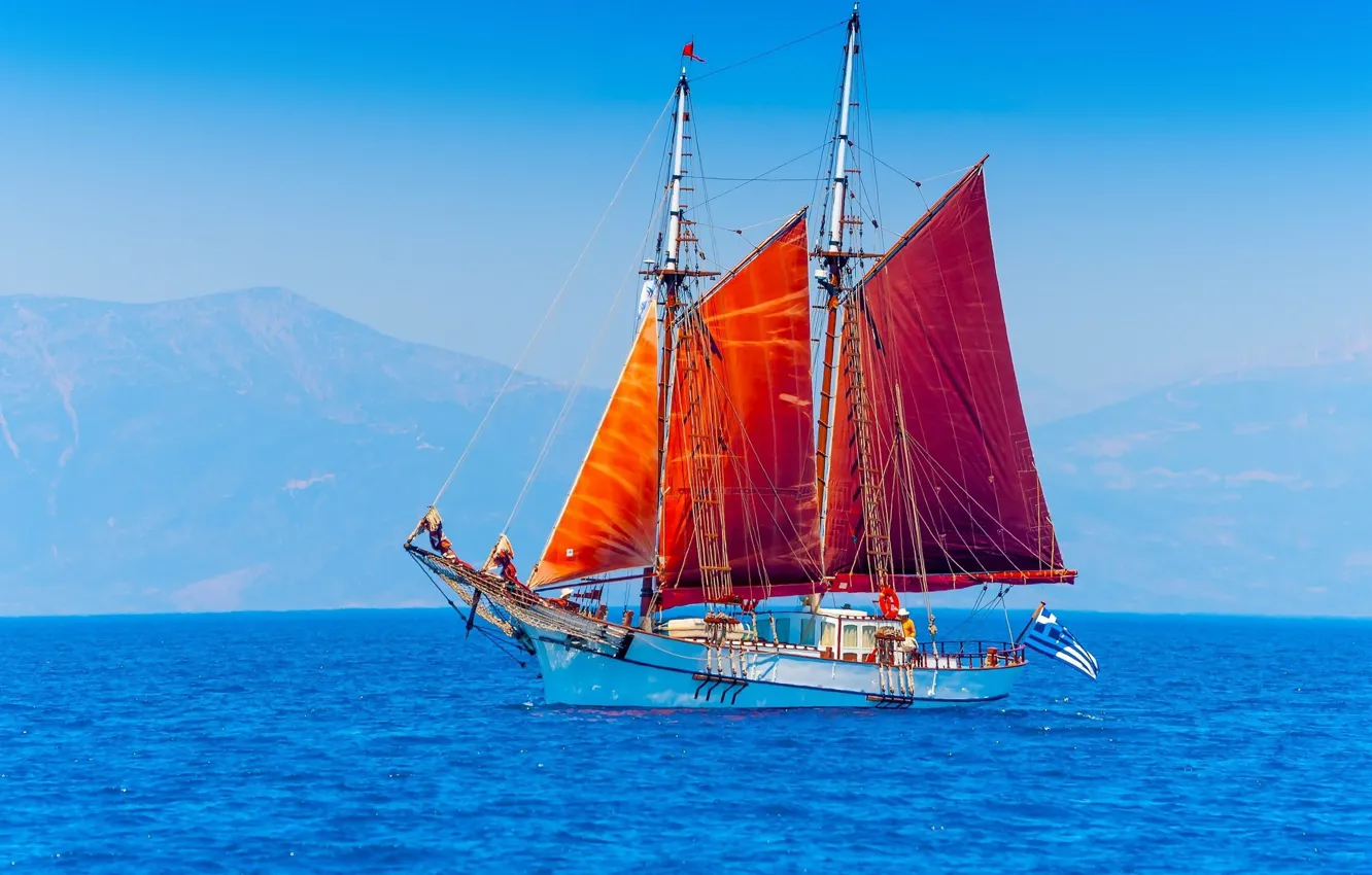 Photo wallpaper sea, ship, sailboat, red sails