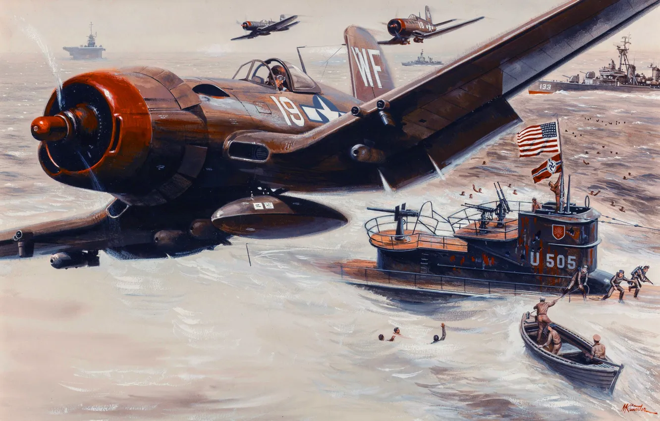 Photo wallpaper ships, pilot, the battle, submarine, Mort Künstler, people fighter