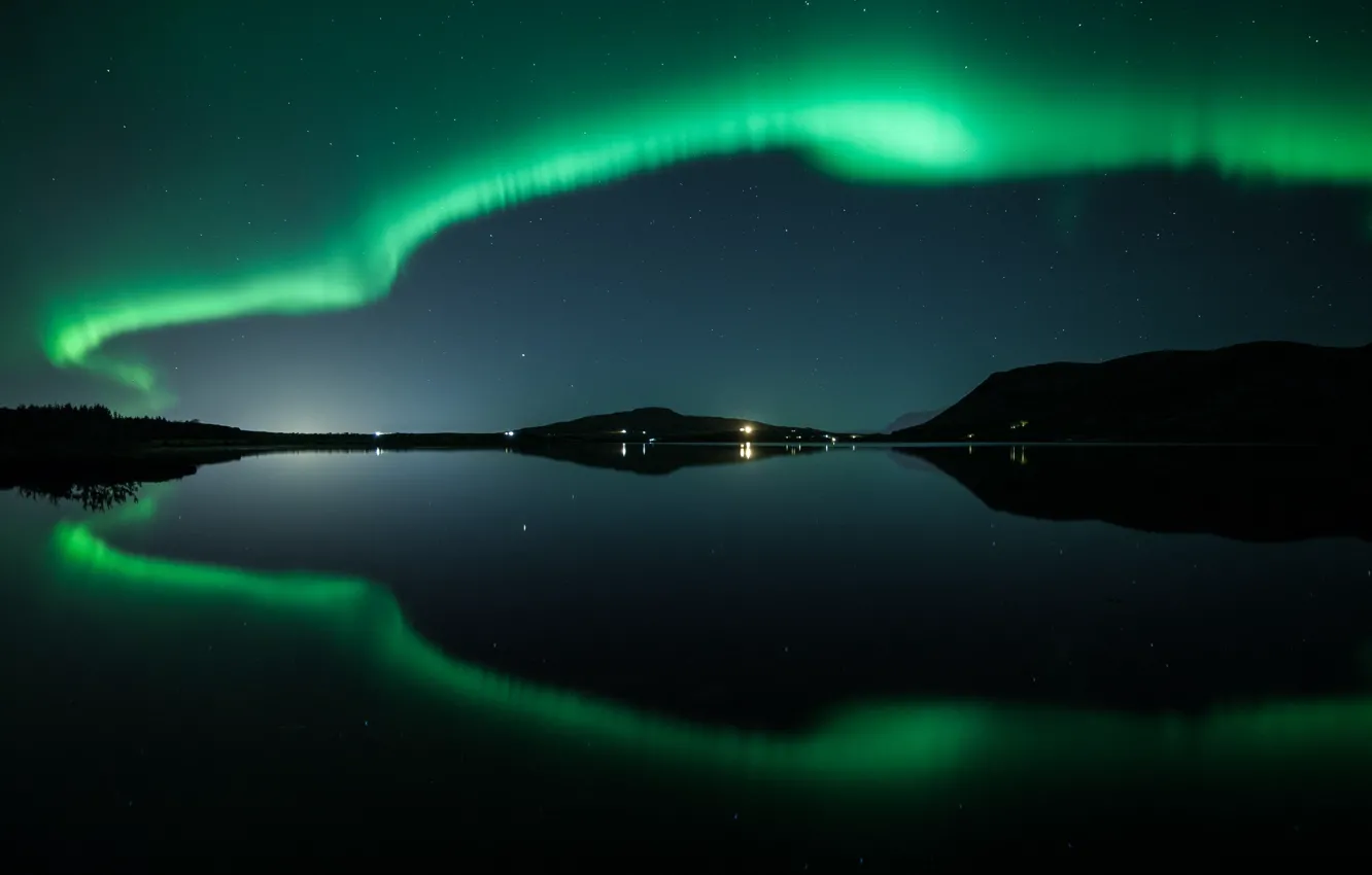 Photo wallpaper the sky, reflection, mountains, night, Northern lights