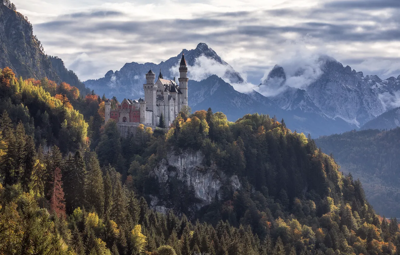 Photo wallpaper autumn, forest, mountains, rock, castle, Germany, Bayern, Germany