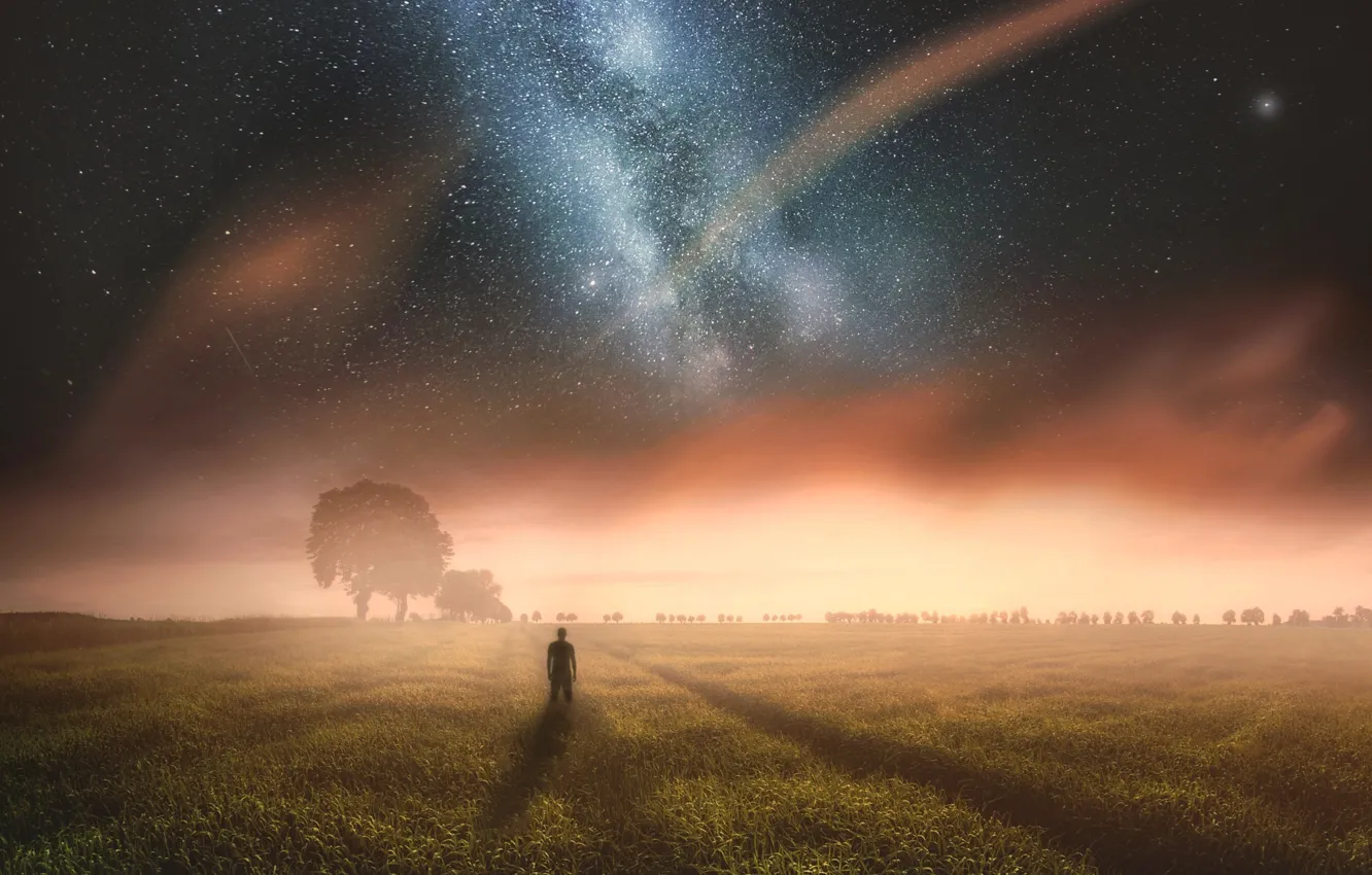Photo wallpaper field, the sky, stars, light, night, fog, people, haze