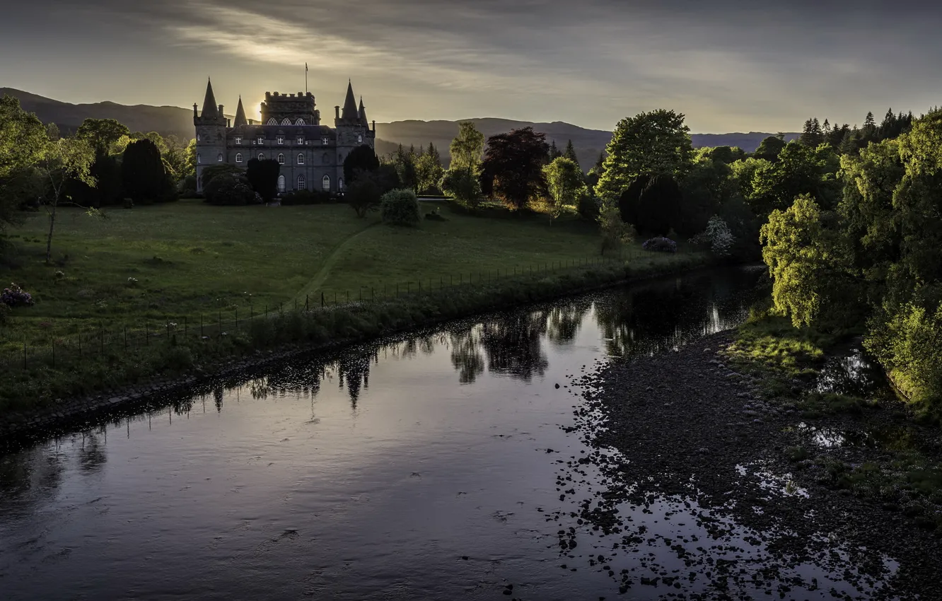 Photo wallpaper field, trees, mountains, pond, castle, lawn, shore, pond