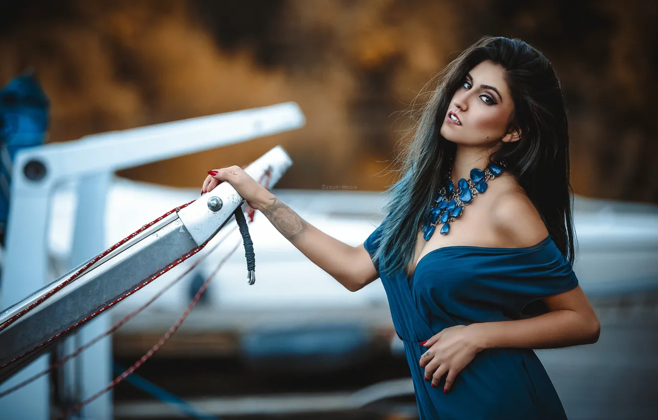 Photo wallpaper look, pose, model, portrait, necklace, makeup, dress, brunette