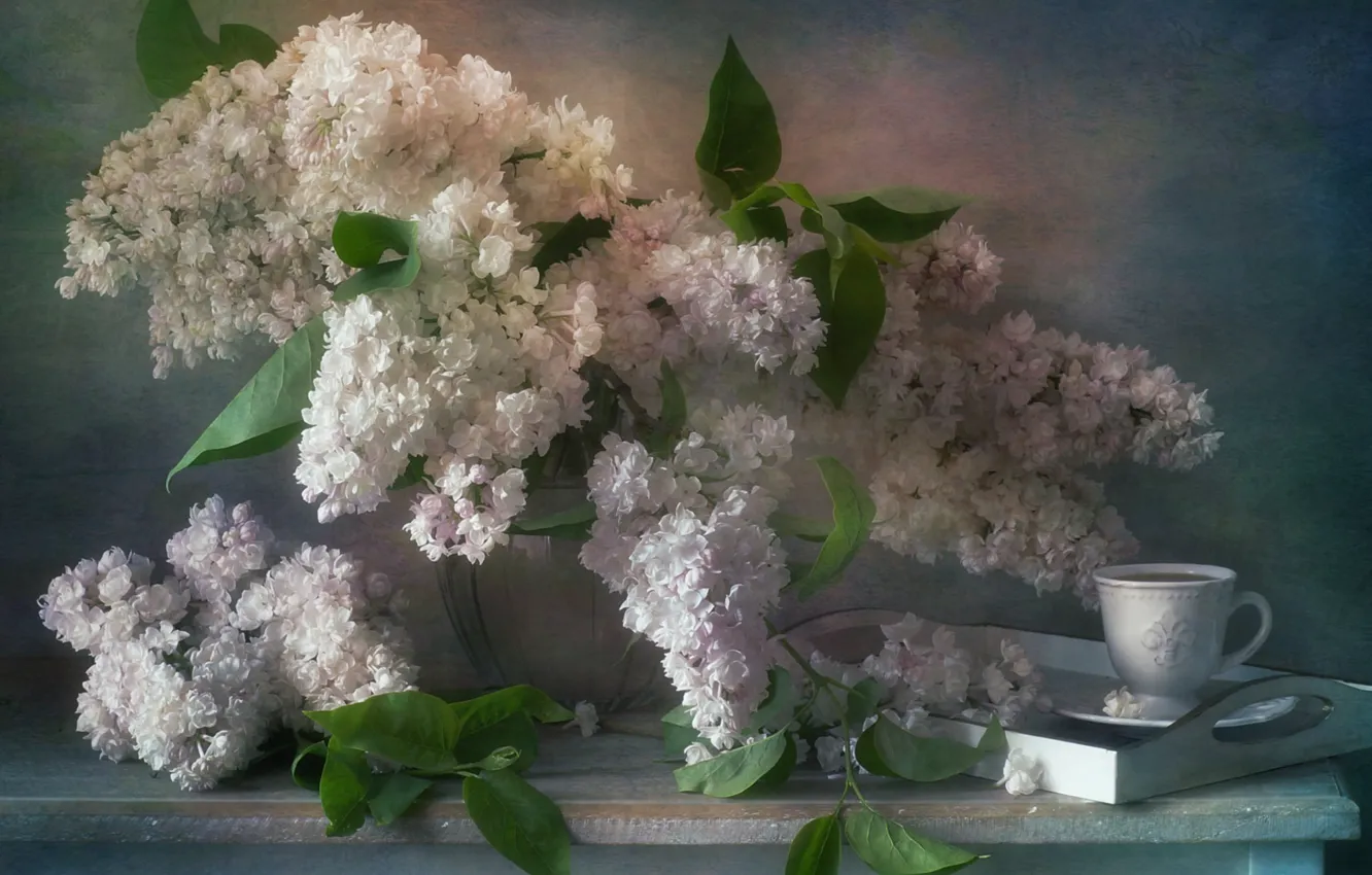 Photo wallpaper bouquet, Cup, book, lilac