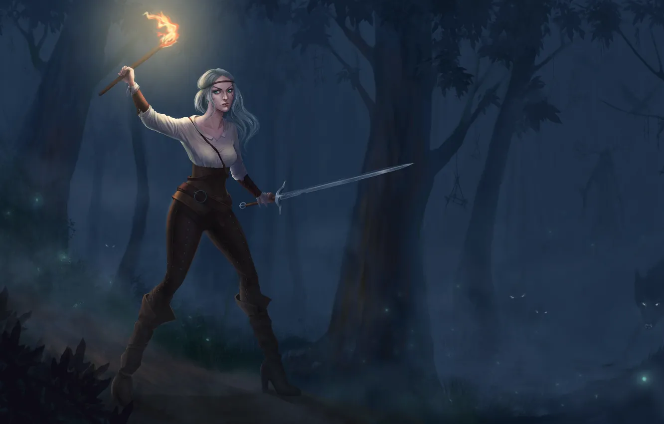 Photo wallpaper forest, look, girl, night, lights, art, torch, beast