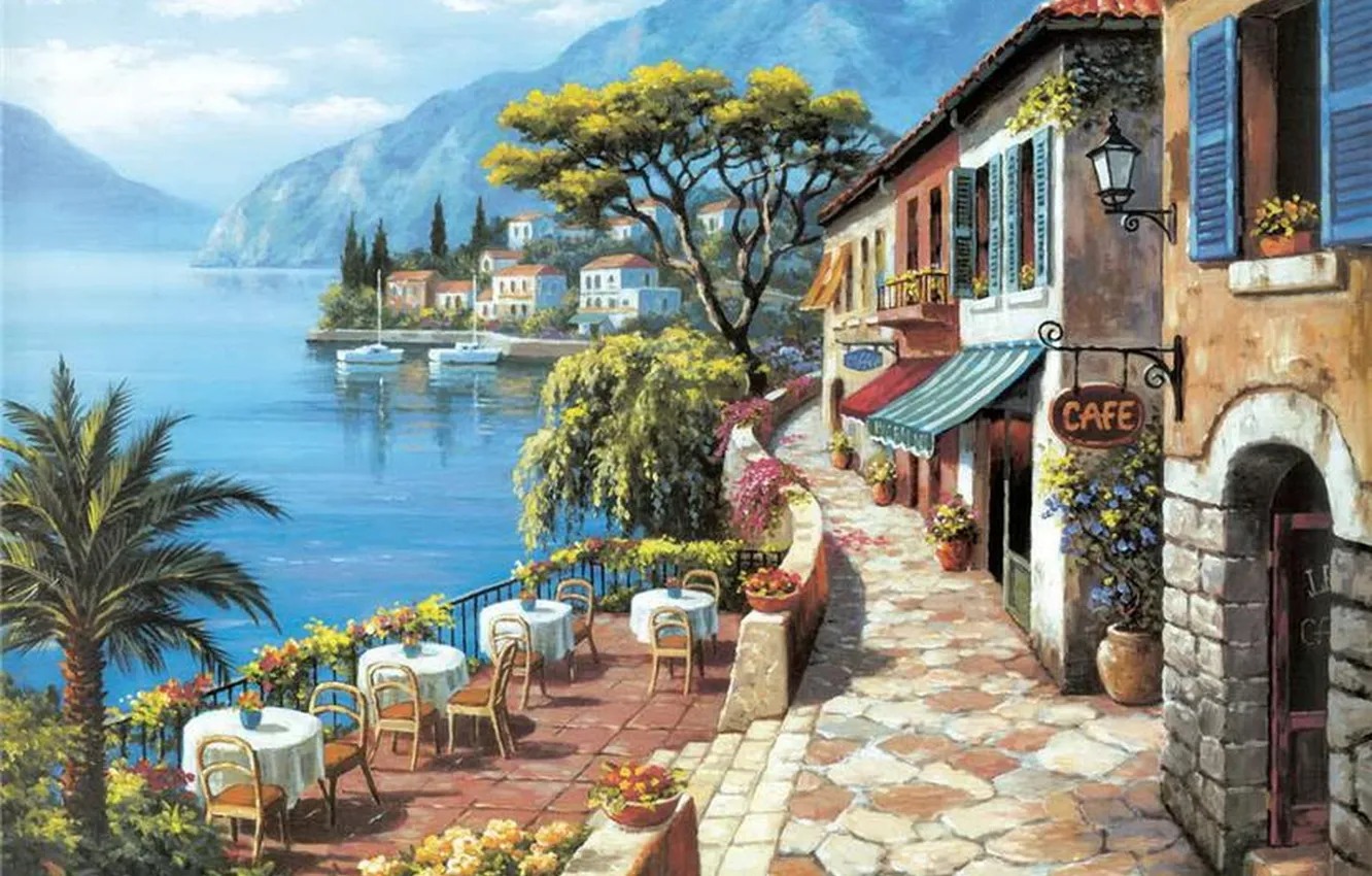 Photo wallpaper sea, mountains, the city, picture, painting, painting, Sung Kim