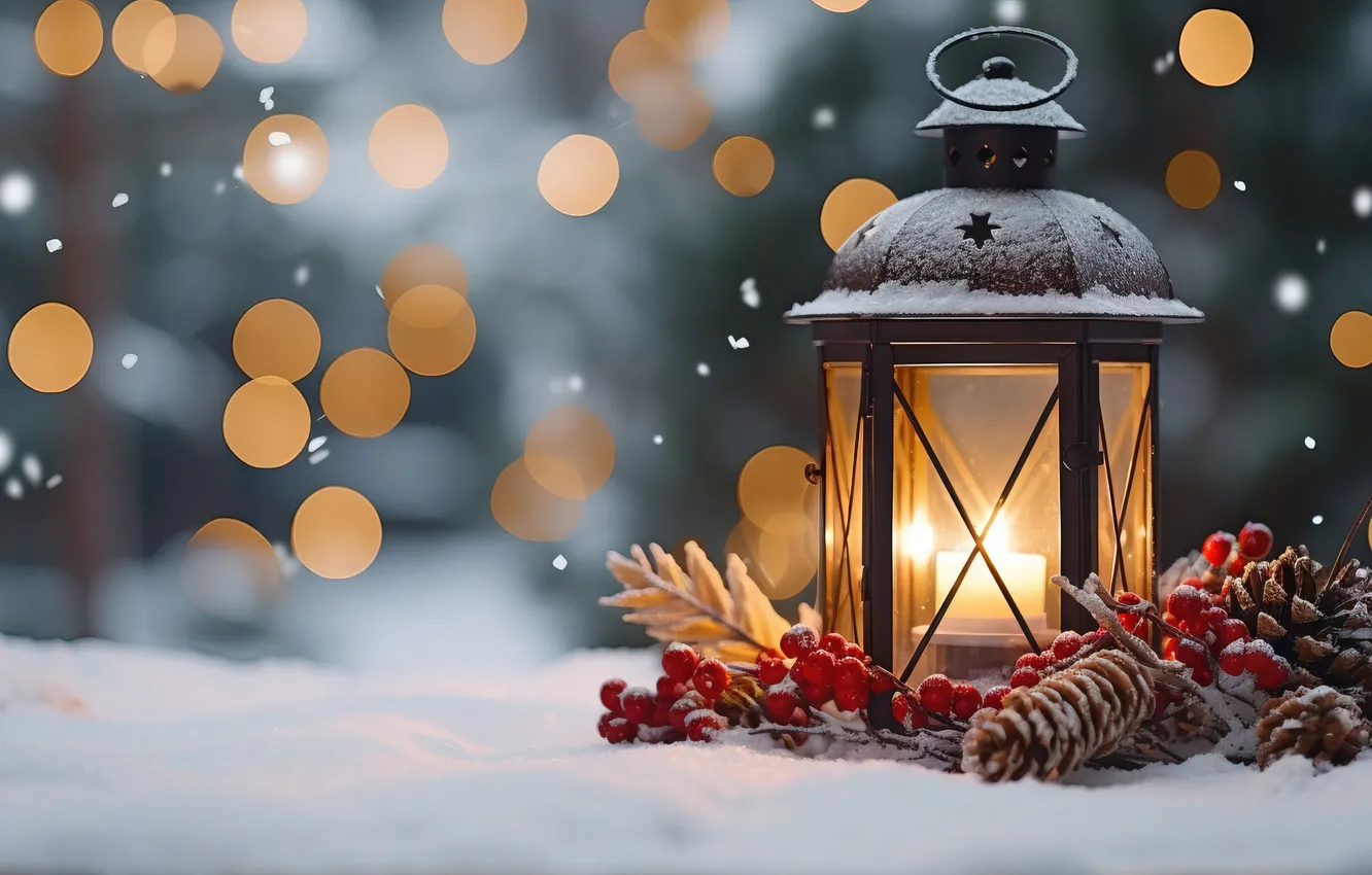 Photo wallpaper winter, snow, night, new year, Christmas, lights, Christmas, night
