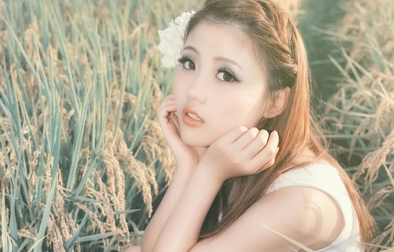 Photo wallpaper look, girl, flowers, face, hair, hands, Asian
