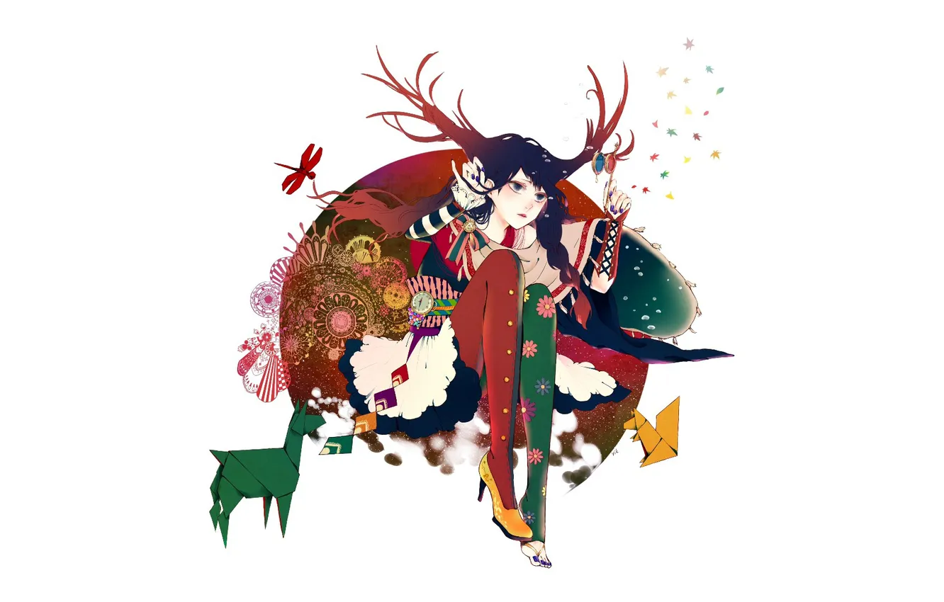 Photo wallpaper girl, animal, dragonfly, braid, binoculars