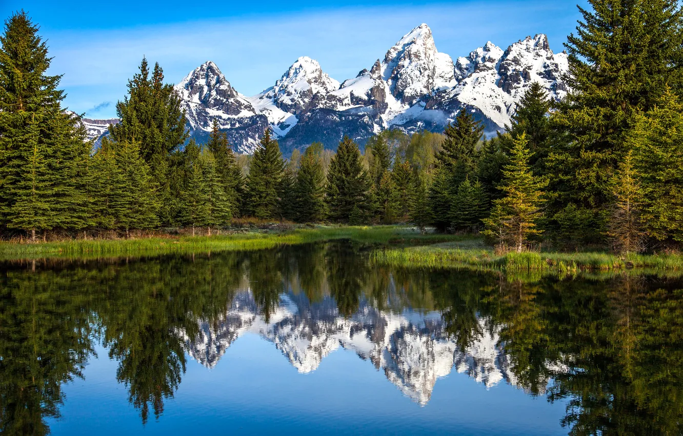 Photo wallpaper the sky, snow, trees, mountains, lake, reflection, river, spruce