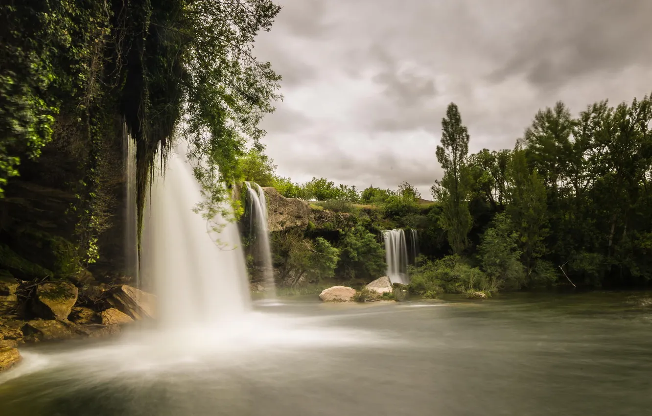 Photo wallpaper forest, trees, lake, waterfall