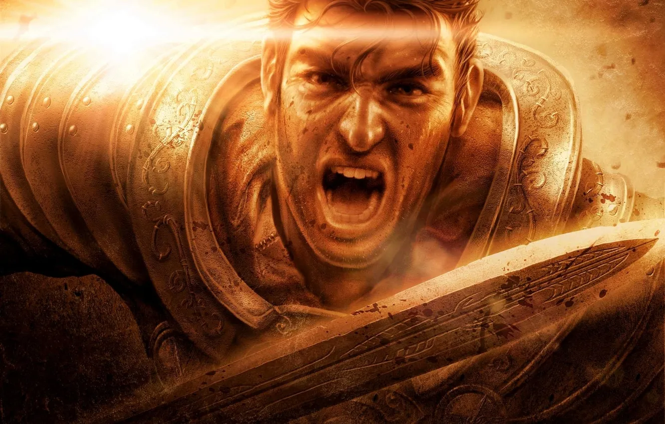 Photo wallpaper face, glare, the game, man, sword, armor, warrior, Risen