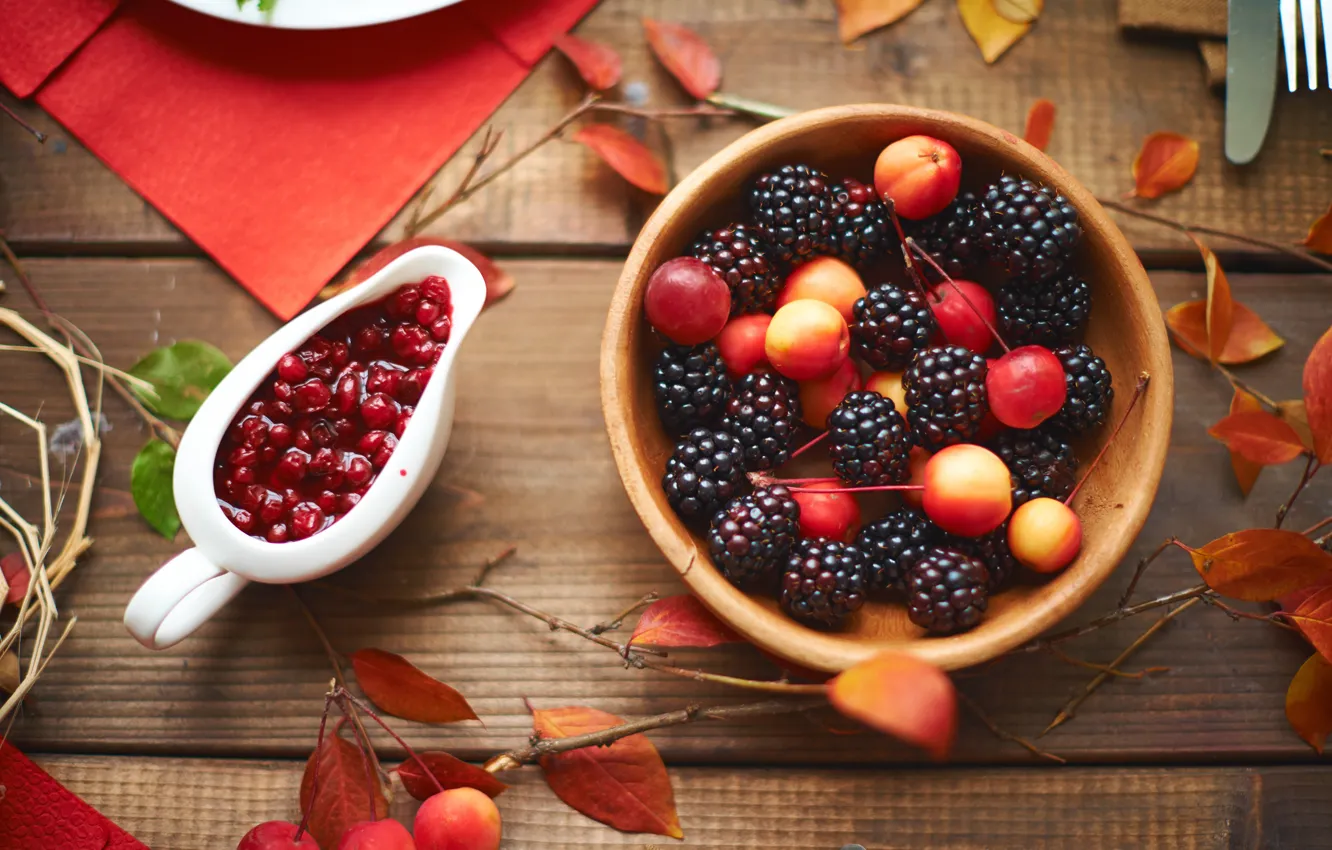 Photo wallpaper leaves, berries, wood, autumn, leaves, BlackBerry, jam, berries