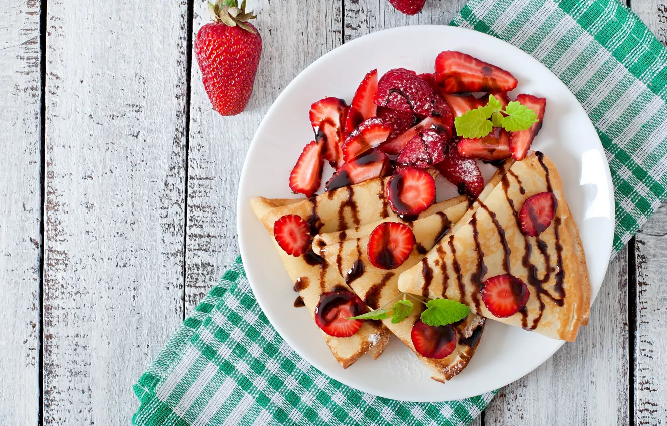 Photo wallpaper berries, Board, towel, strawberry, plate, light background, pancakes, mint