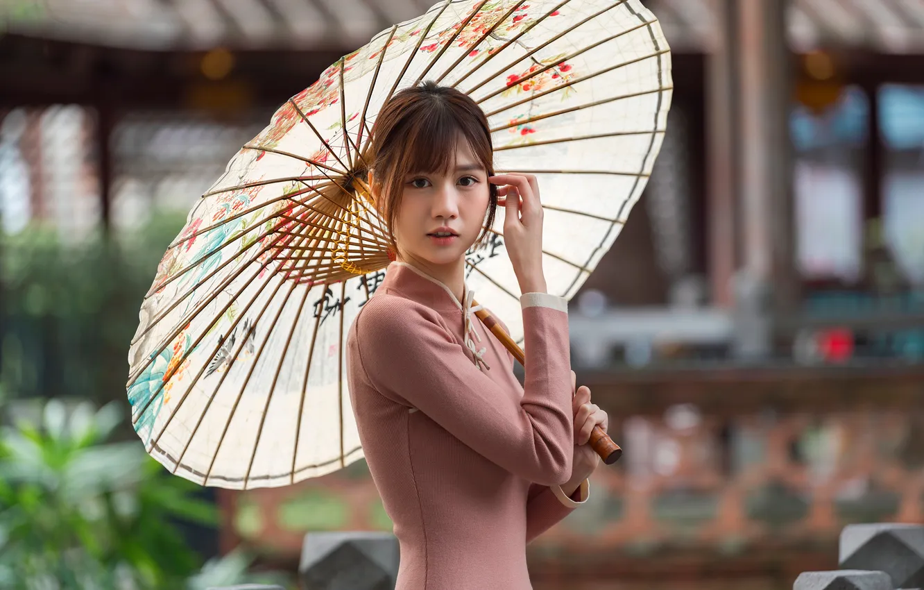 Photo wallpaper girl, umbrella, Asian