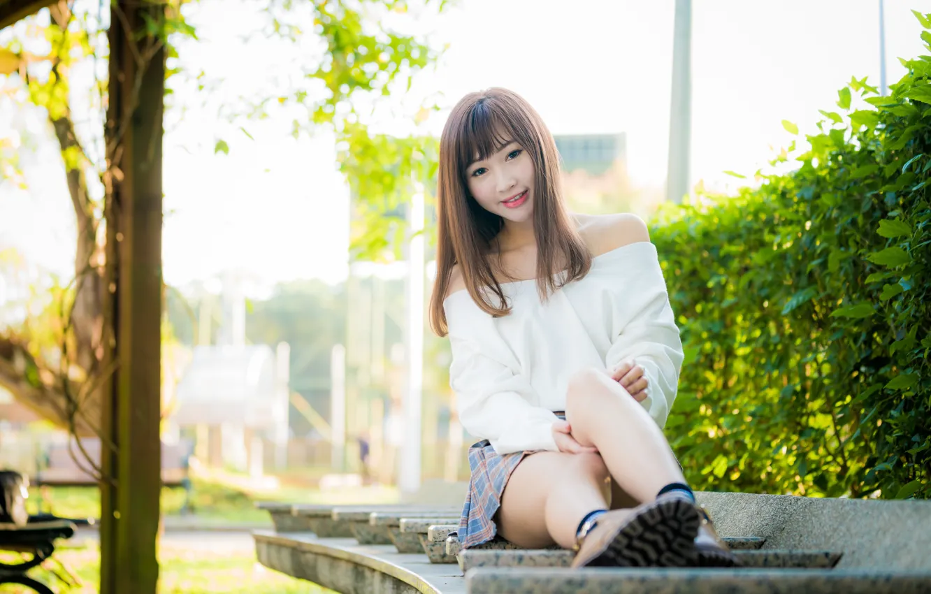 Photo wallpaper girl, legs, Asian, cutie, bokeh