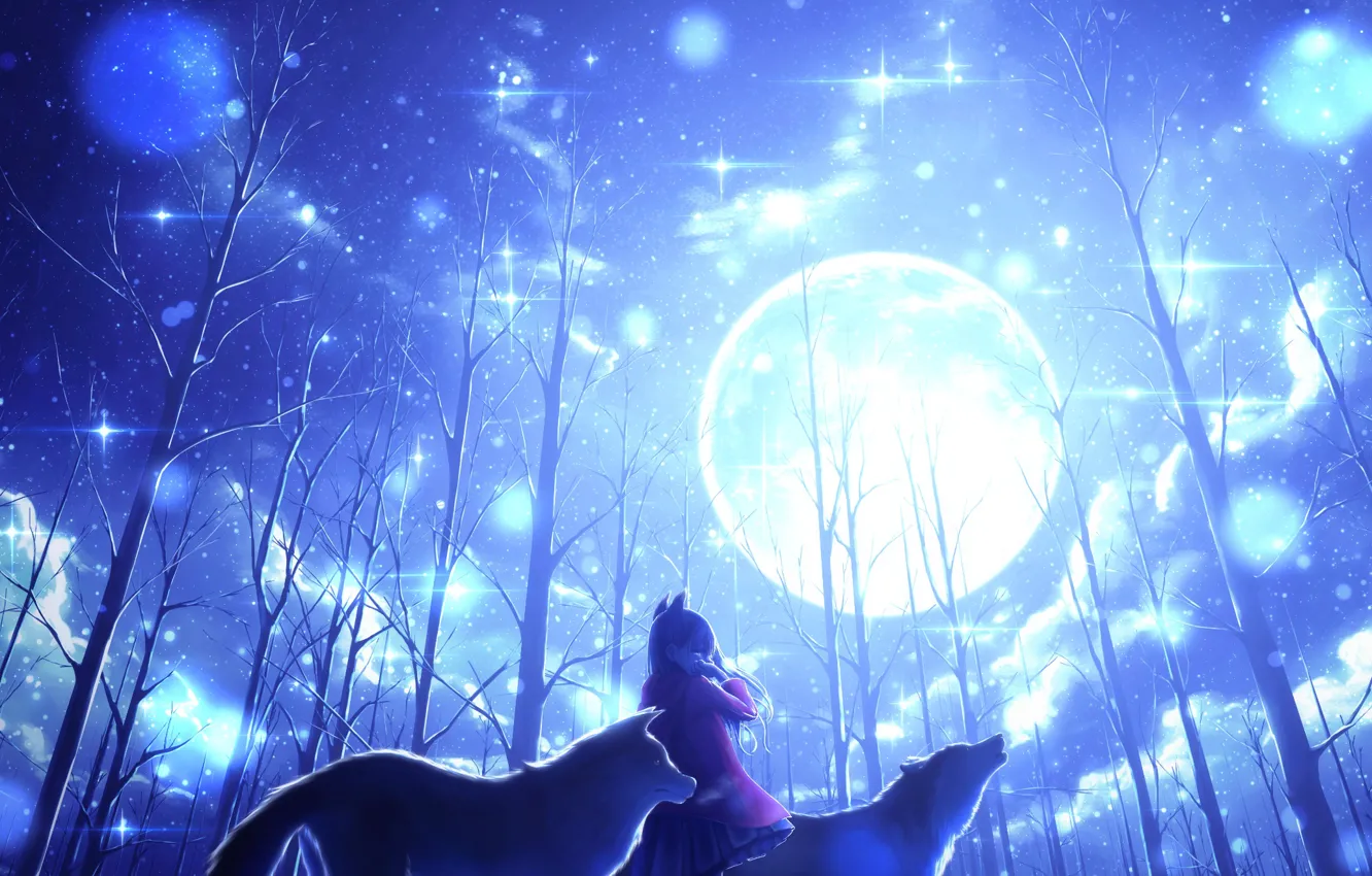 Photo wallpaper winter, girl, trees, the moon, wolves