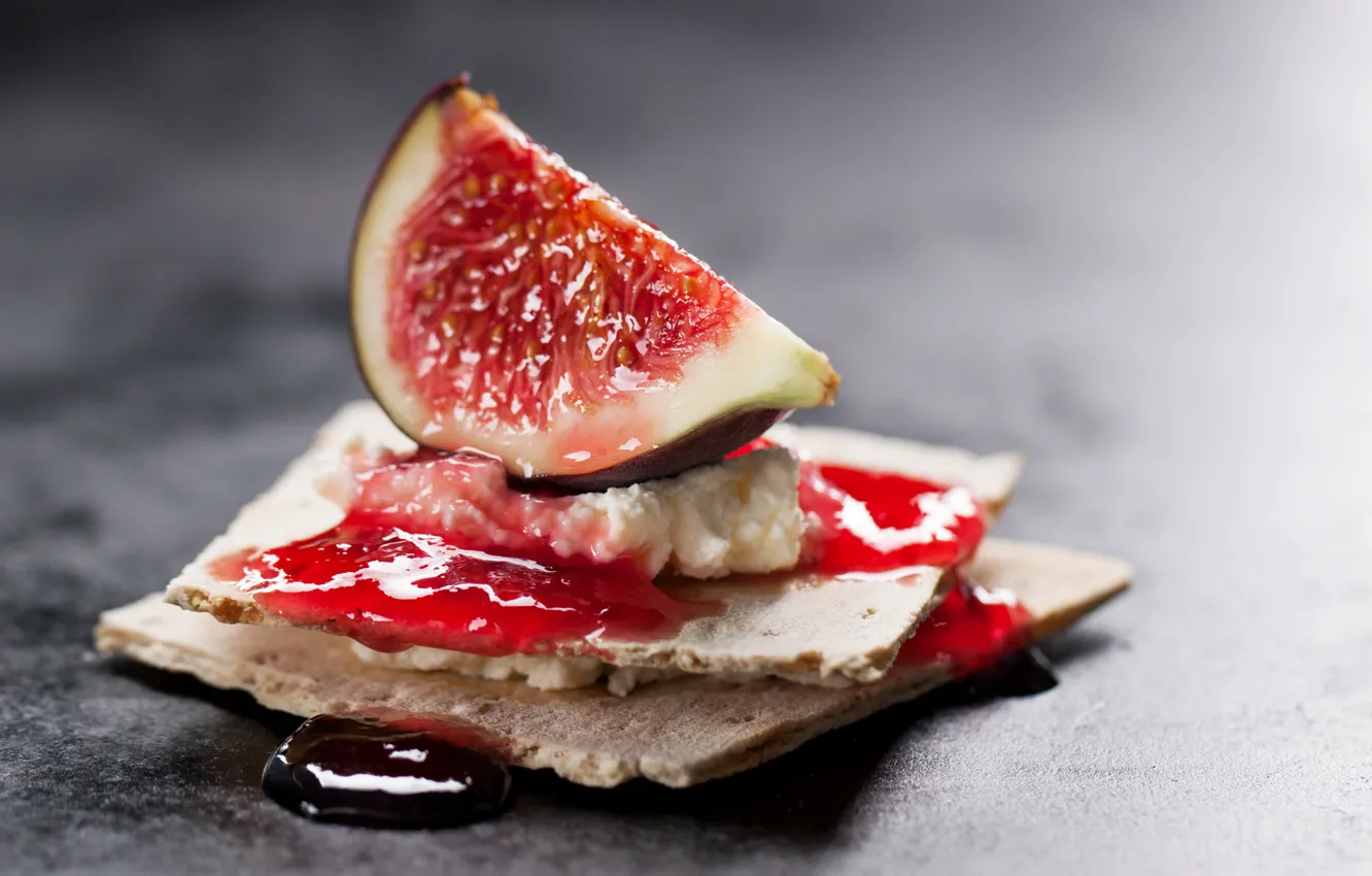 Photo wallpaper food, cream, delicious, figs, bread, strawberry syrup