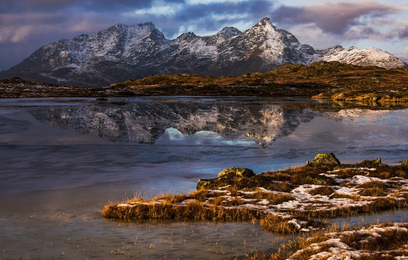 Photo wallpaper photo, Nature, Reflection, Mountains, Norway, The Lofoten Islands, Justadtinden