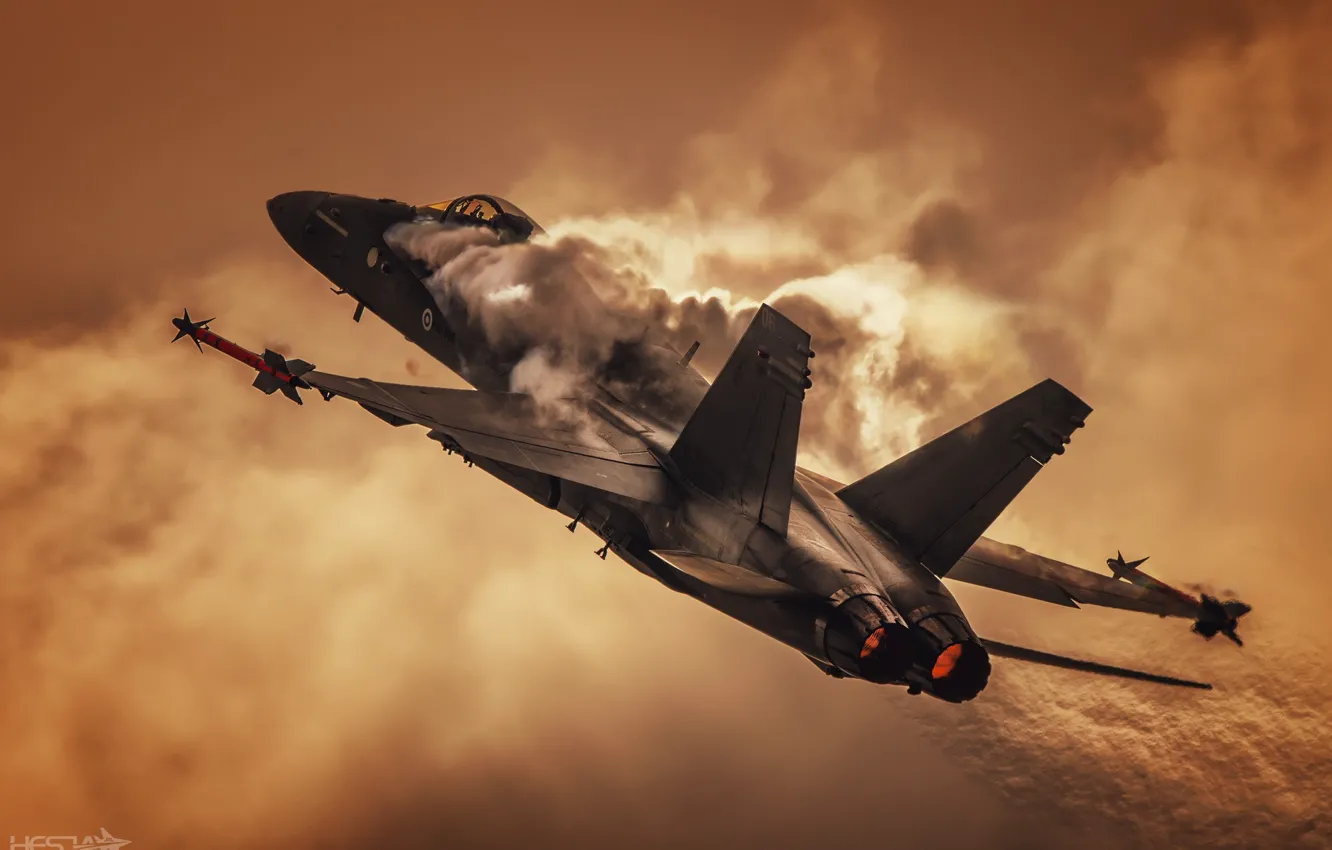 Photo wallpaper Sunset, Fighter, The Effect Of Prandtl — Glauert, The Finnish air force, F/A-18 Hornet, HESJA …