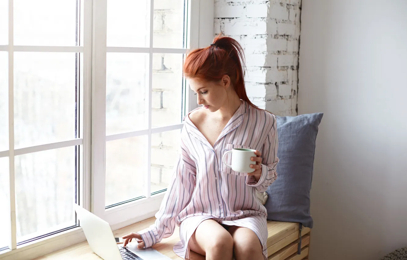 Photo wallpaper girl, woman, computer, lifestyle, window, coffee, female, laptop