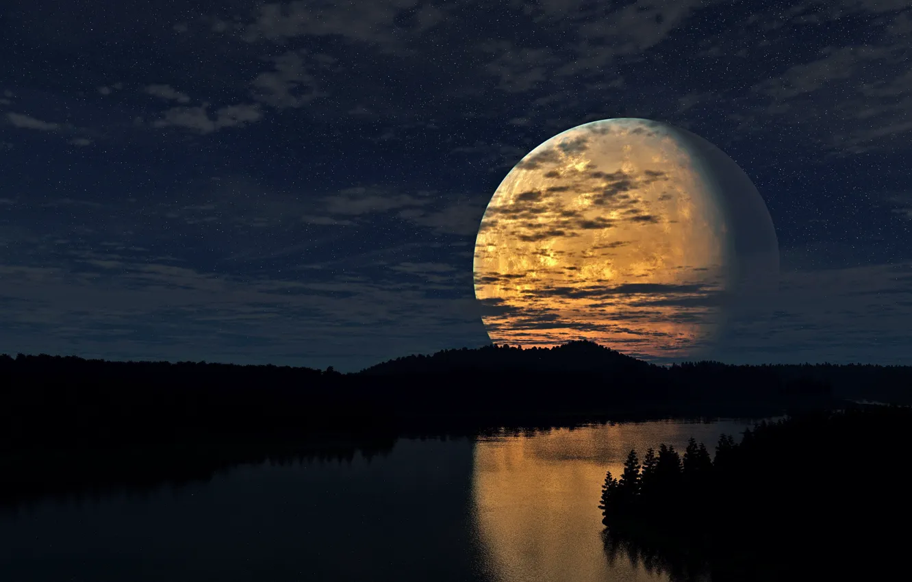 Photo wallpaper forest, the sky, stars, clouds, light, night, river, The moon