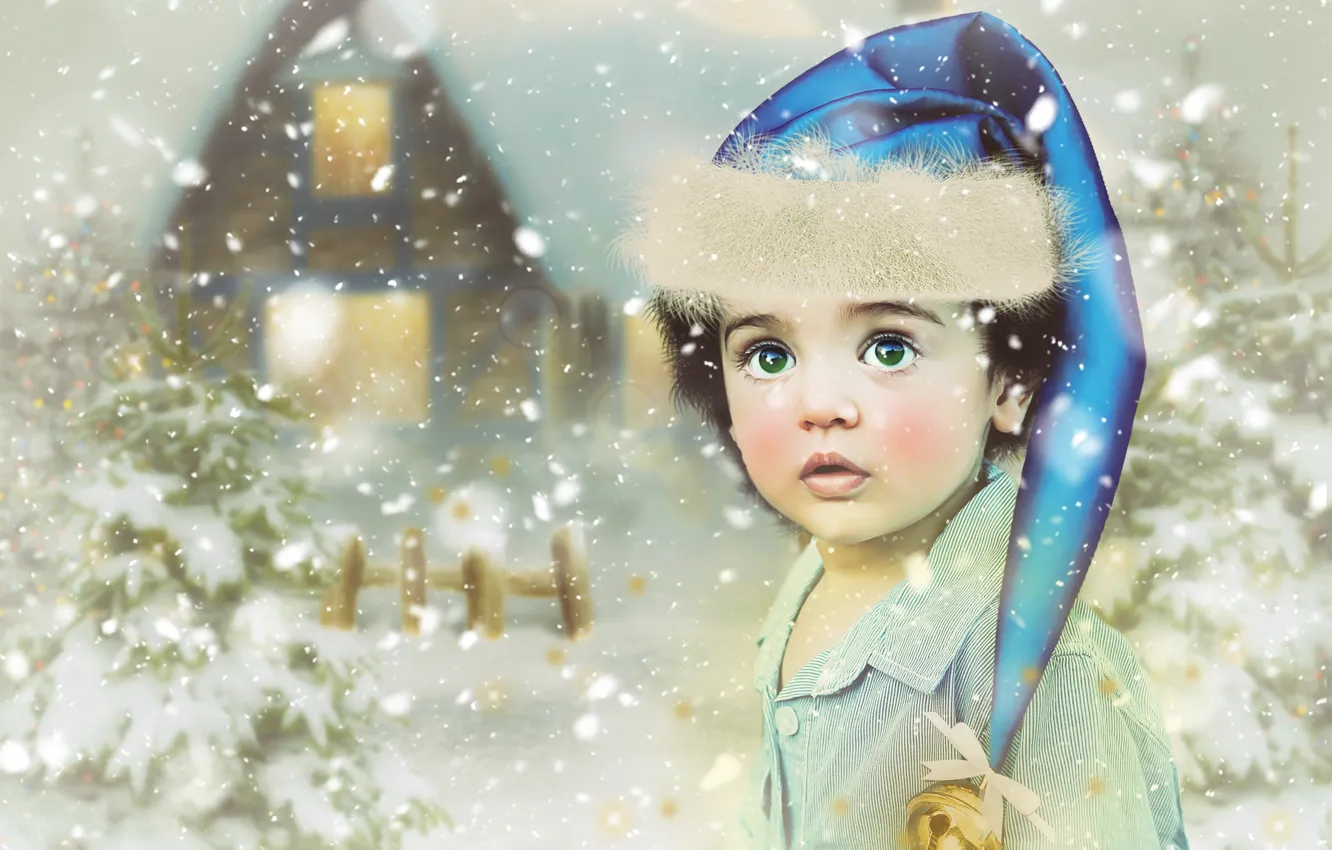 Photo wallpaper winter, look, snow, holiday, child, portrait, boy, art