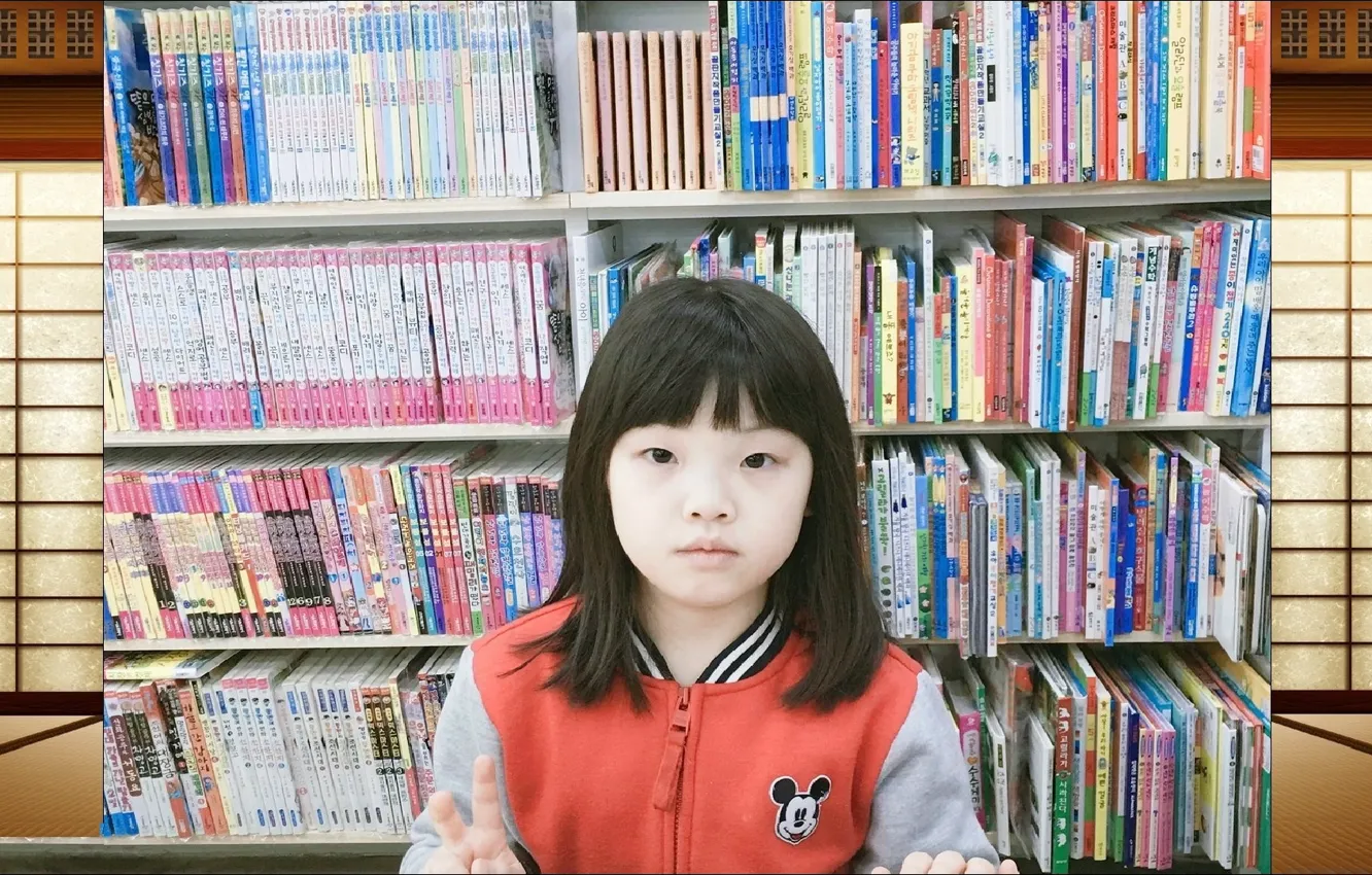 Photo wallpaper information, girl, characters, book, library, gesture, little girl, books
