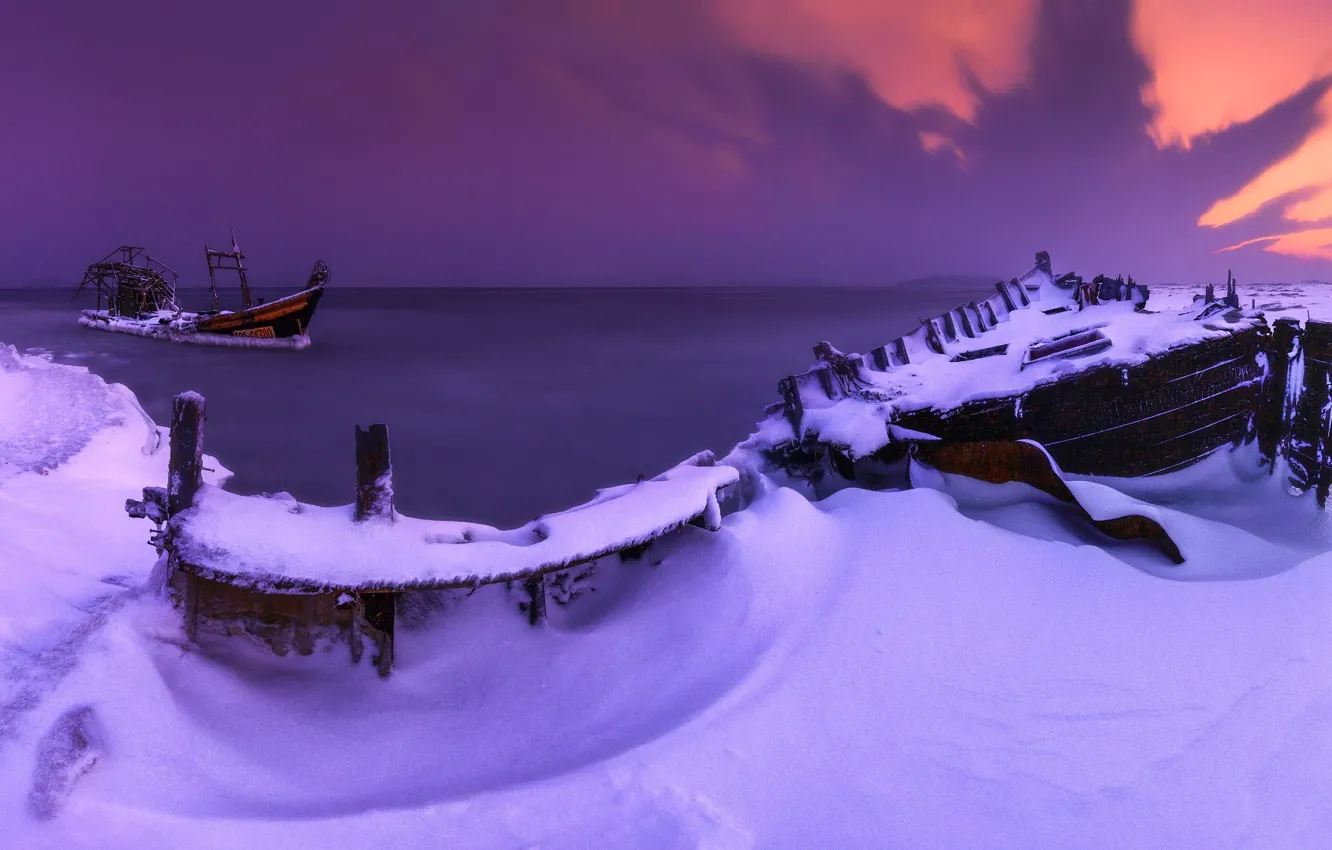 Photo wallpaper winter, sea, snow, landscape, nature, dawn, shore, morning