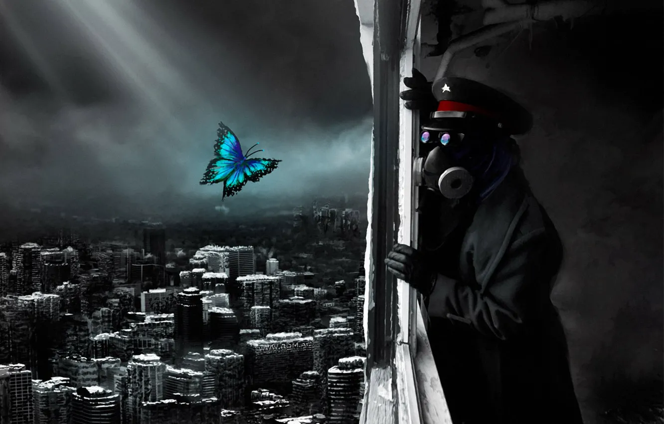 Photo wallpaper the city, butterfly, Apocalypse, destruction, gas mask, captain, the end, Romantically Apocalyptic