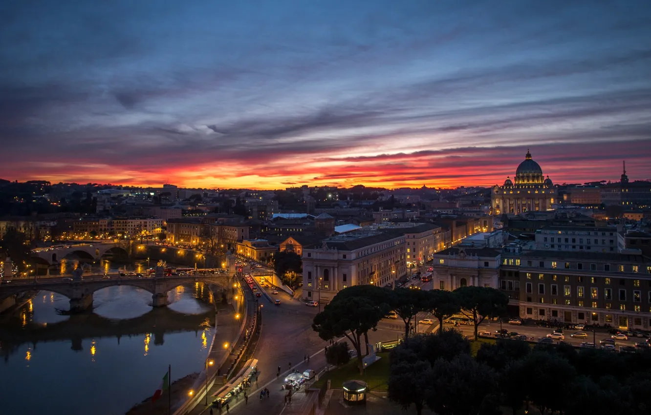 Photo wallpaper sunset, bridge, the city, river, building, home, the evening, Rome