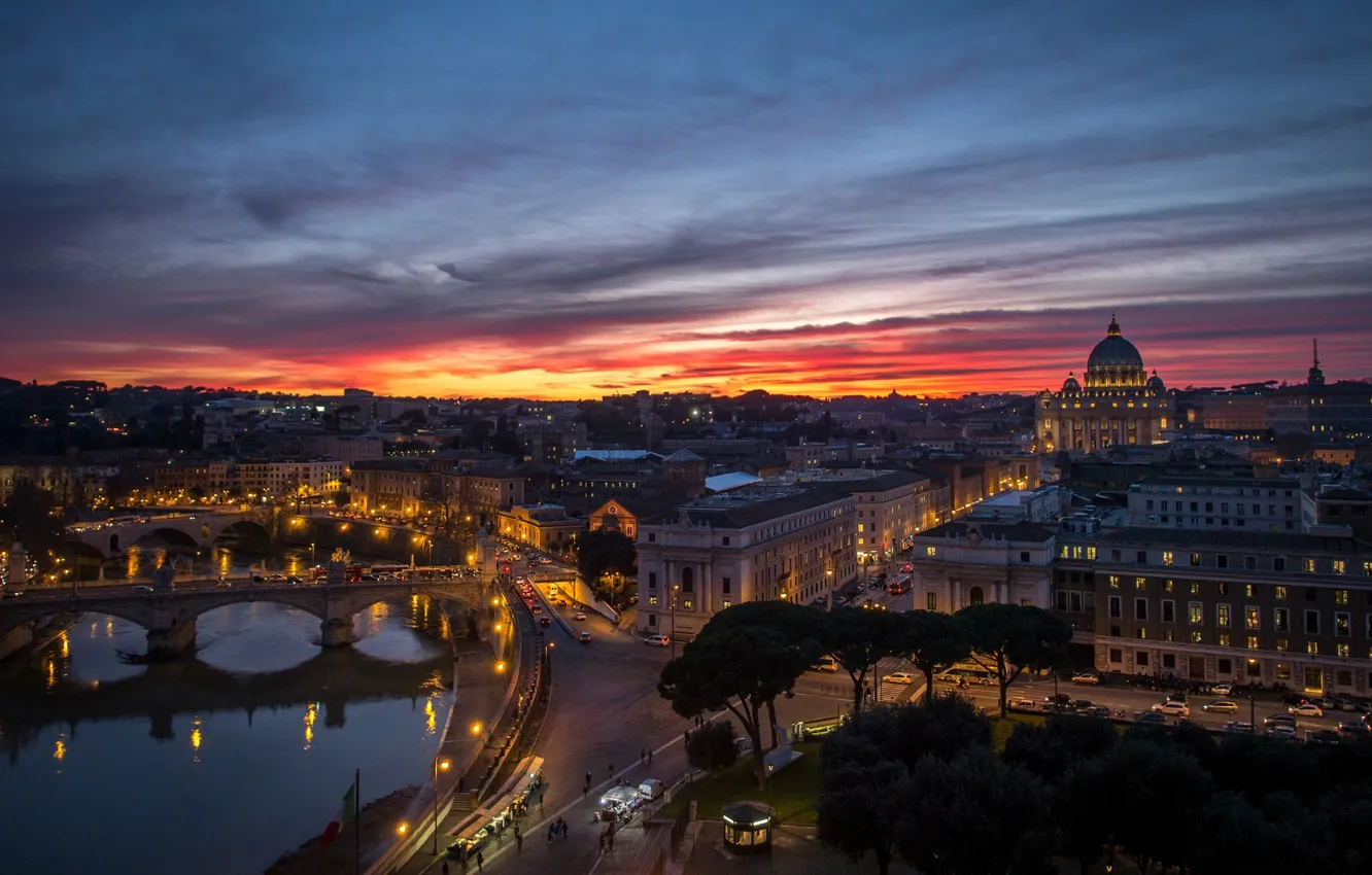 Photo wallpaper sunset, the city, river, building, home, the evening, Rome, panorama