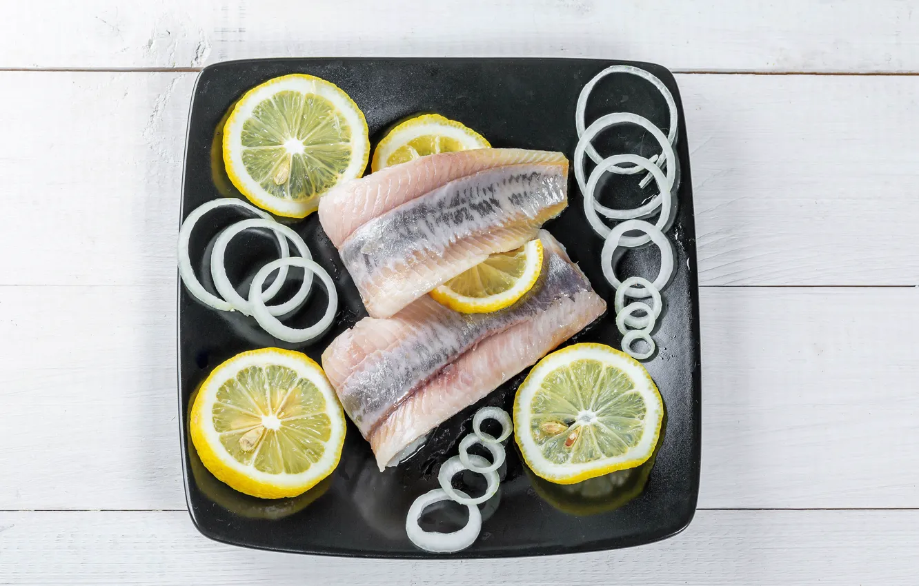 Photo wallpaper lemon, fish, bow, plate