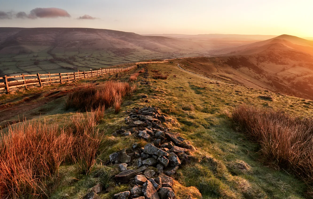 Photo wallpaper stones, hills, the fence, spring, morning, valley