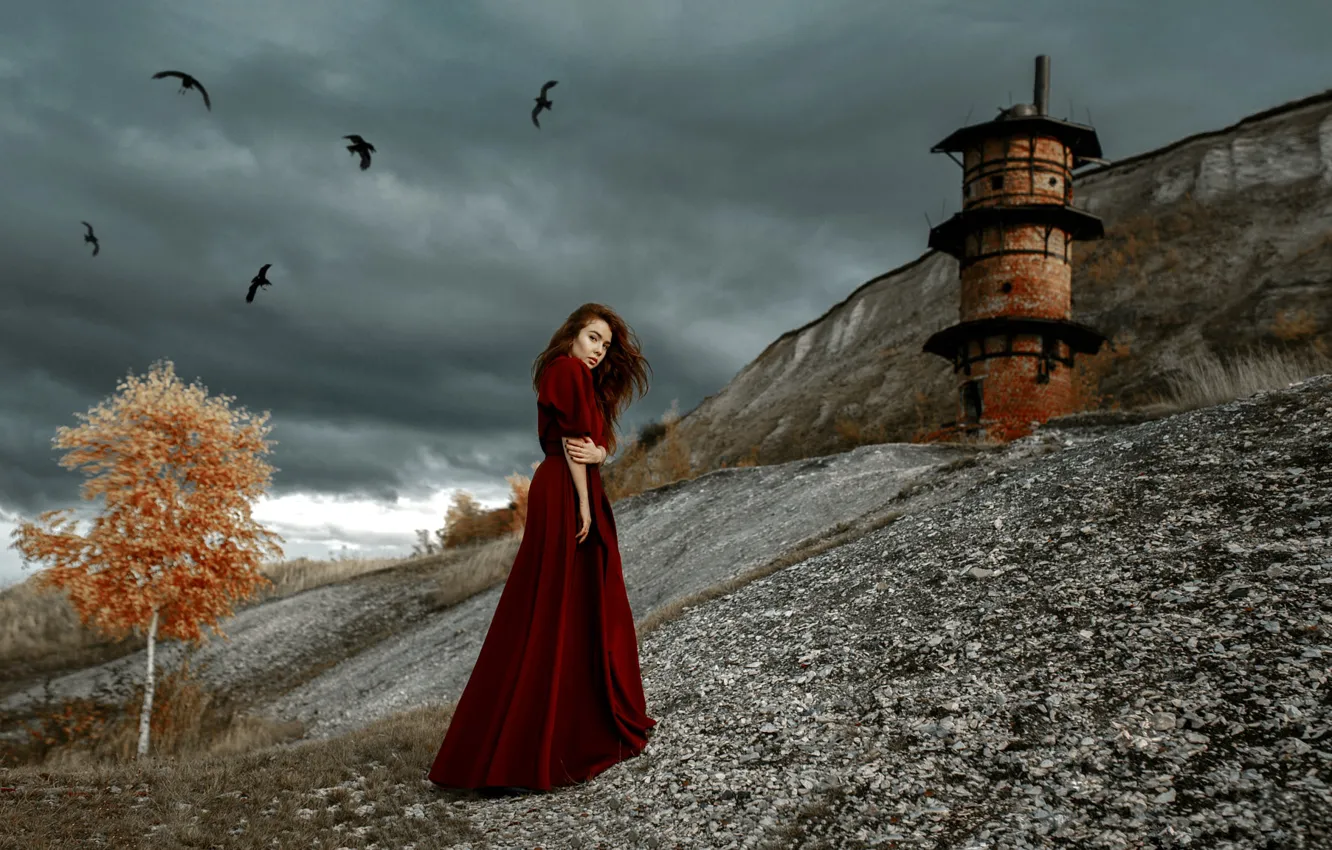 Photo wallpaper sky, dress, woman, clouds, tree, model, redhead, lighthouse