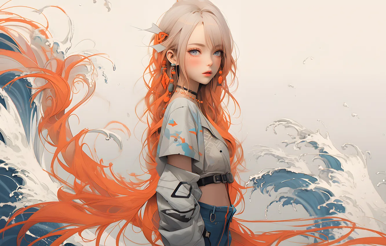 Photo wallpaper waves, long hair, water, women, digital art, moles, simple background, looking at viewer