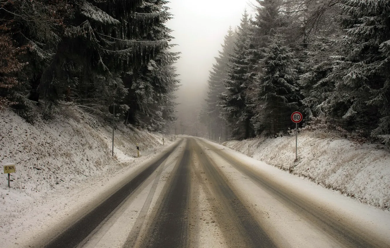 Photo wallpaper winter, road, forest, landscape, nature, the darkness