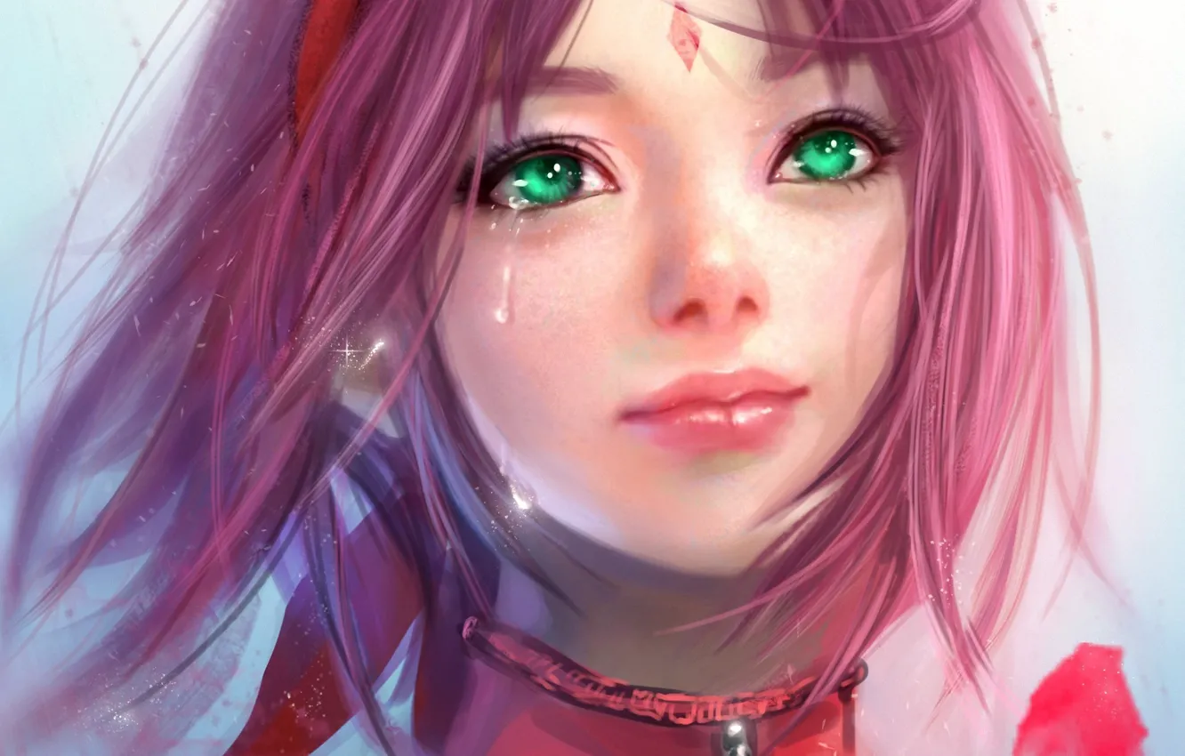 Photo wallpaper girl, petals, art, Naruto, tear, pink hair, Sakura Haruno, RikaMello