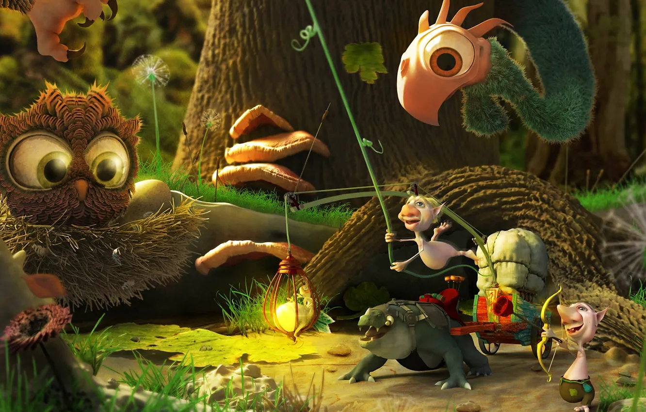 Photo wallpaper forest, trees, bird, tale, being, art, wagon, beast