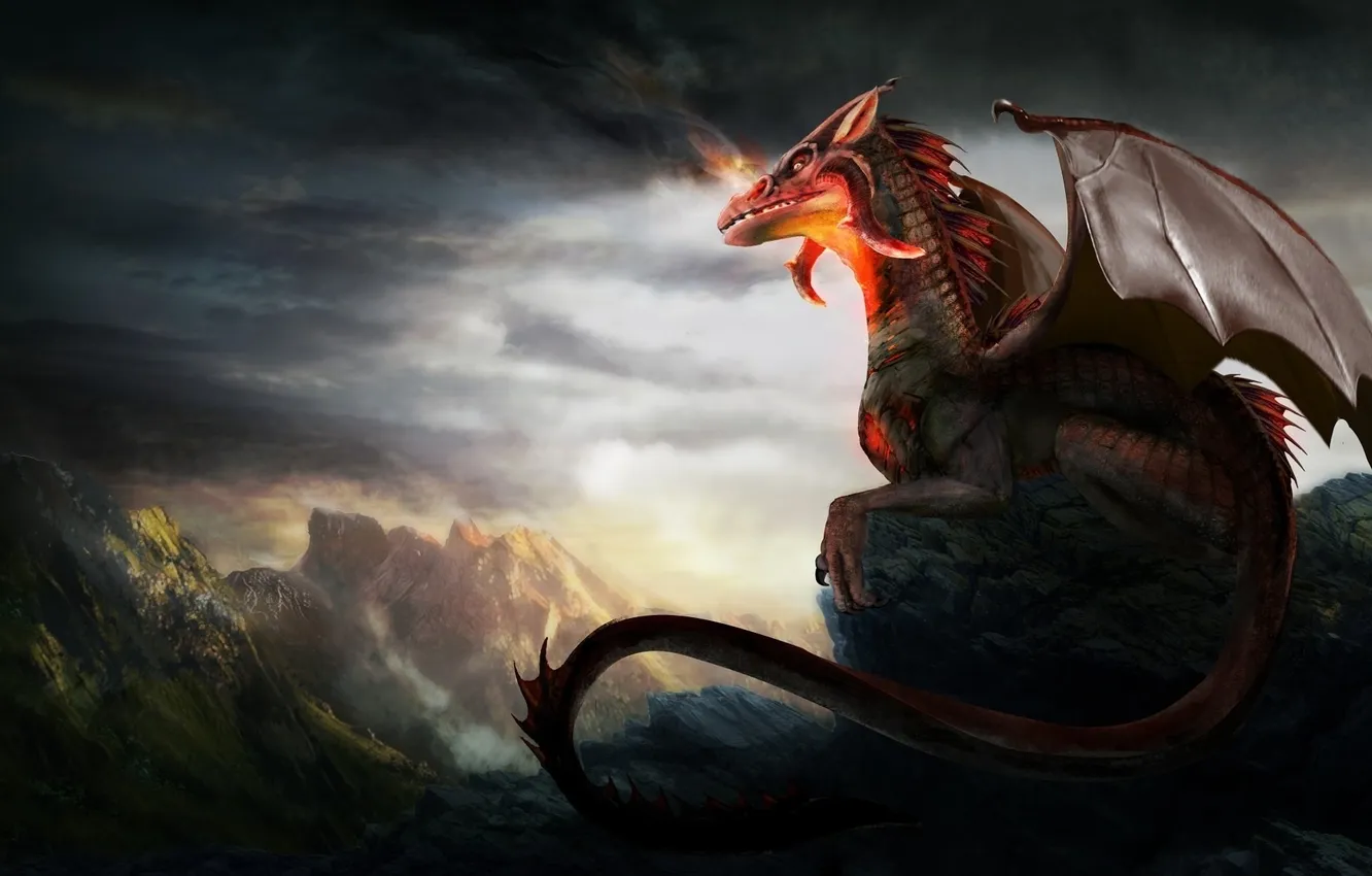 Photo wallpaper mountains, lights, dragon, fantasy, art
