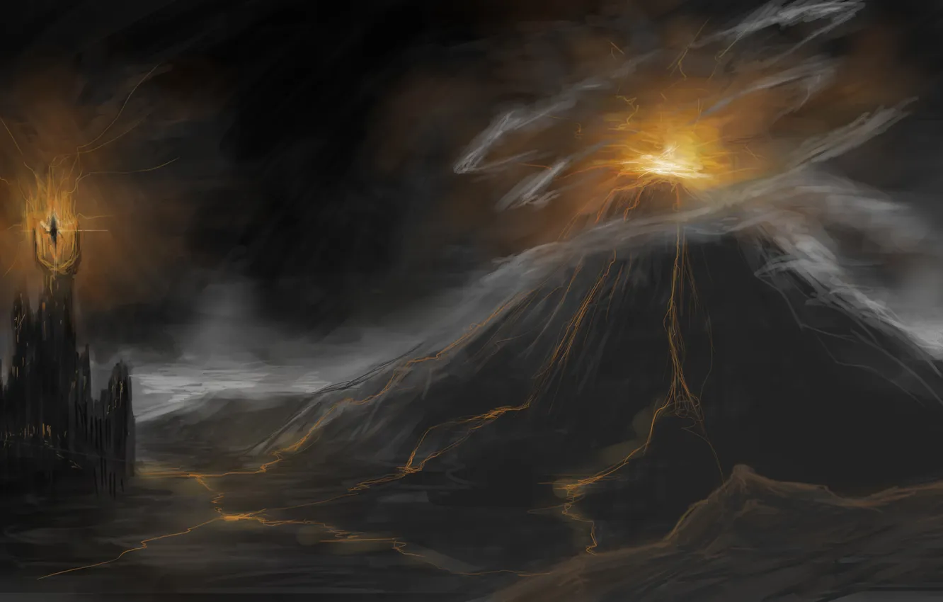 Photo wallpaper mountains, lights, art, Mordor