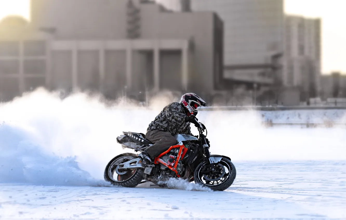 Photo wallpaper winter, turn, motorcycle, helmet, biker, bike, Honda, sportbike