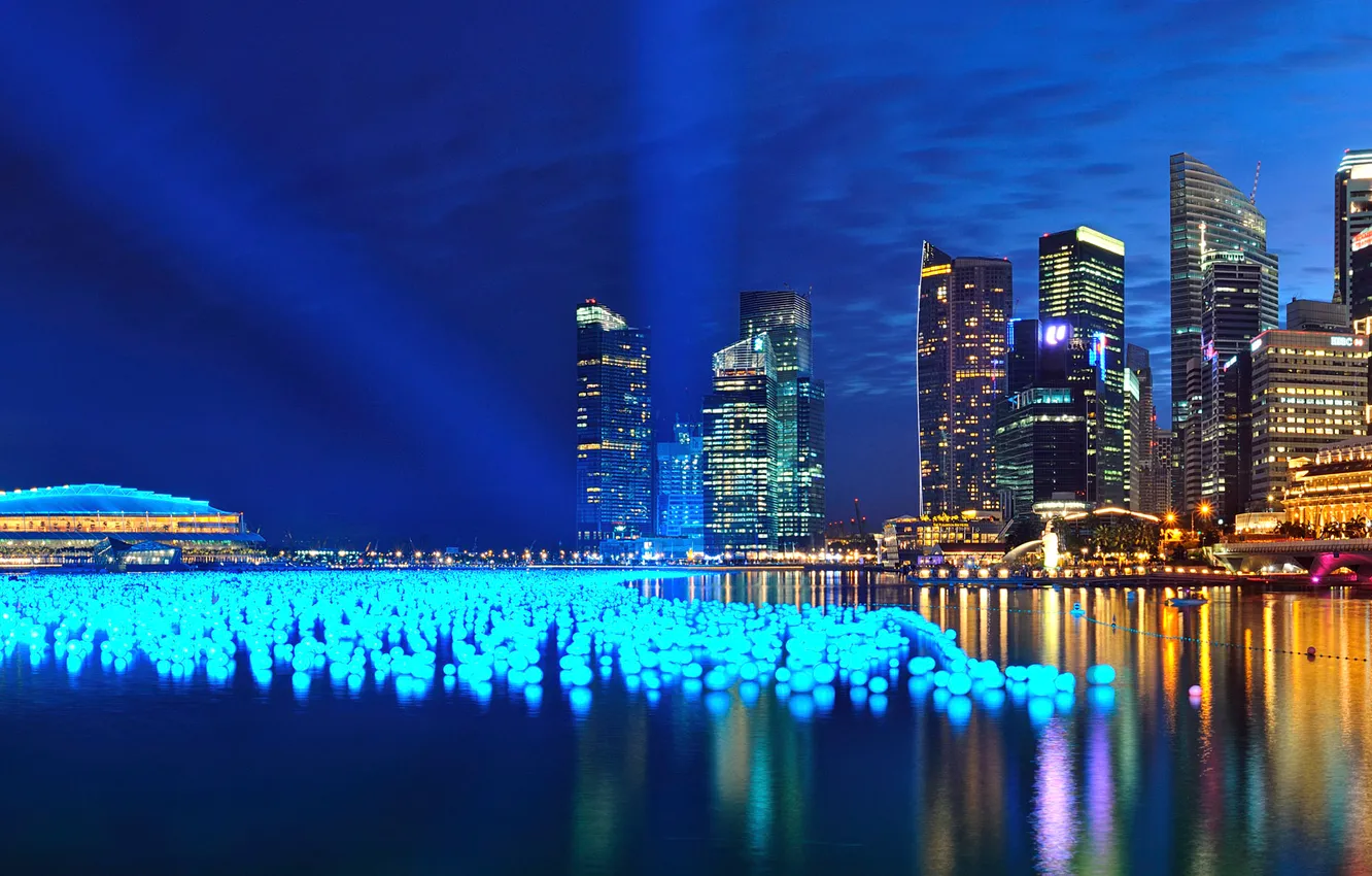 Photo wallpaper sea, the sky, night, lights, reflection, panorama, Asia, Singapore