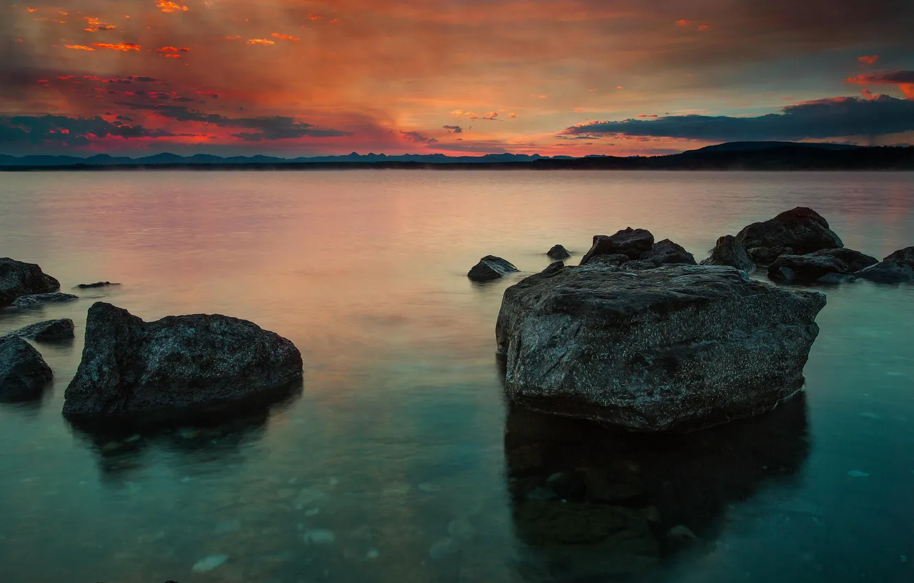 Photo wallpaper sunset, nature, lake, shore, Yellowstone National Park, Yellowstone lake