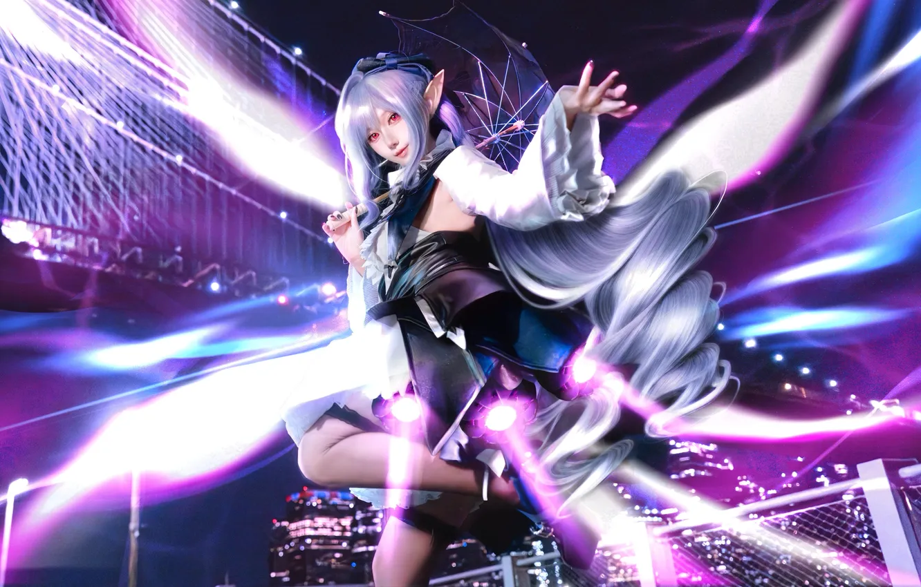 Photo wallpaper umbrella, red eyes, women, cosplay, asian, looking at viewer, Zenless Zone Zero, sora.sparrow